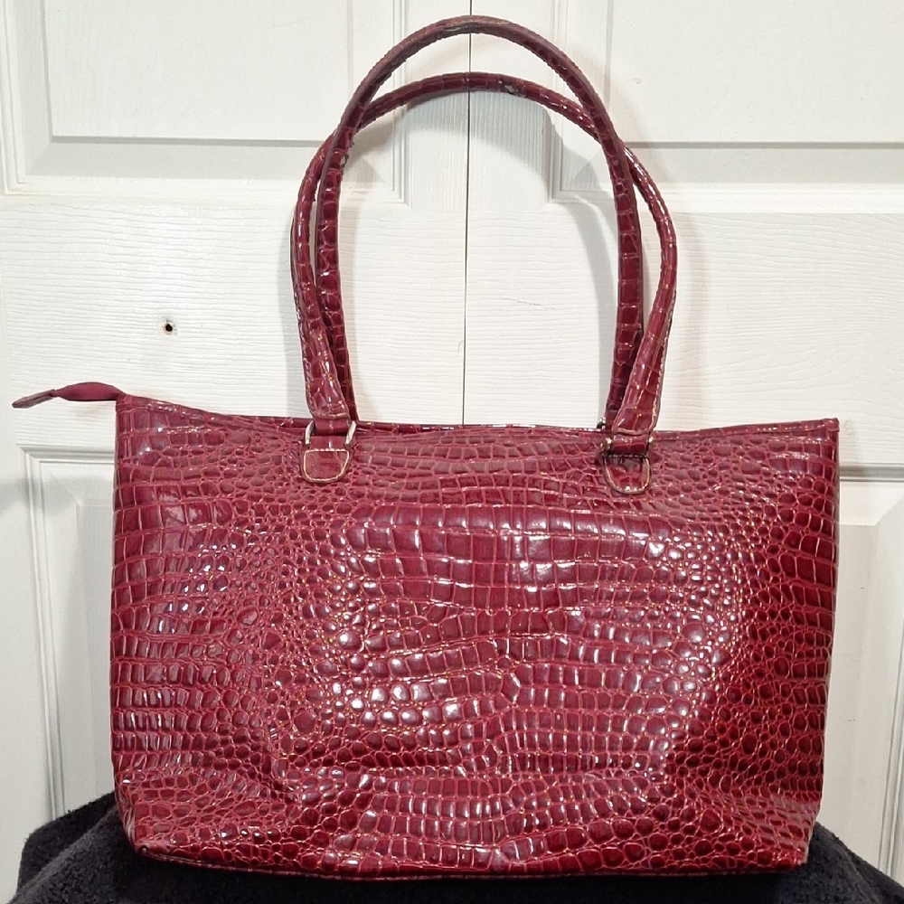 Kathy Van Zeeland Shoulder Bag Briefcase-Glossy Crocodile Texture - Burgundy Red - Picture 4 of 10